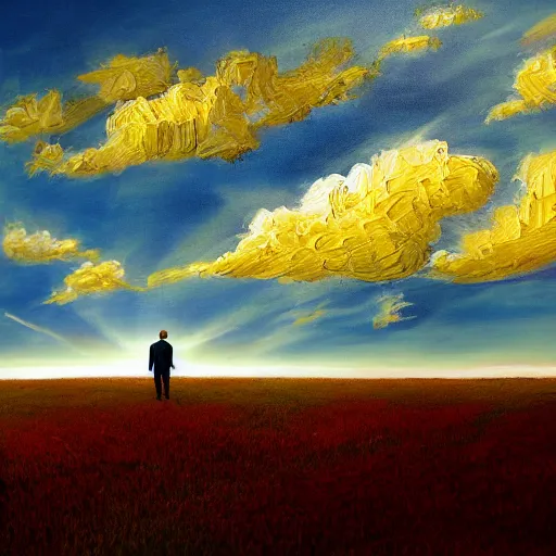 Image similar to a man standing in a open field with a rift in the sky, wide angle shot, hd, intricate detail, painting