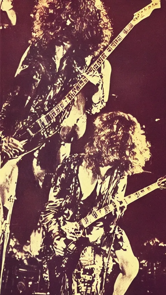 Prompt: Led Zeppelin concert poster circa 1969, Madison Square Garden, colorized, Jimmy Page playing double neck guitar, drum kit, highly detailed
