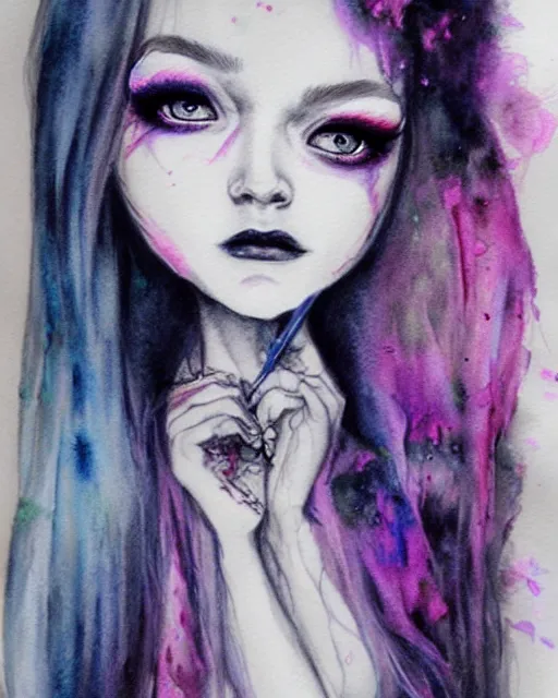 Prompt: pencil portrait with watercolor of a monster high doll, beautiful face, by sabrina eras, alice x. zhang, agnes cecile, blanca alvarez, very detailed