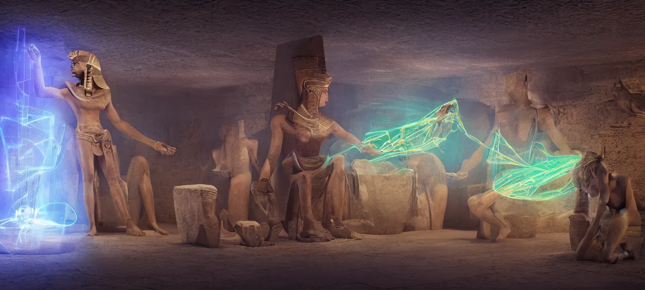 Prompt: Ancient Egyptian pharaoh in their royal palace communicating with alien creatures on a holographic display. Cinematic, dramatic lighting, high resolution, award winning