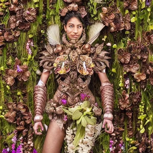 Prompt: a brown woman wearing an armor made of orchids. hyper detailed. very intricate.