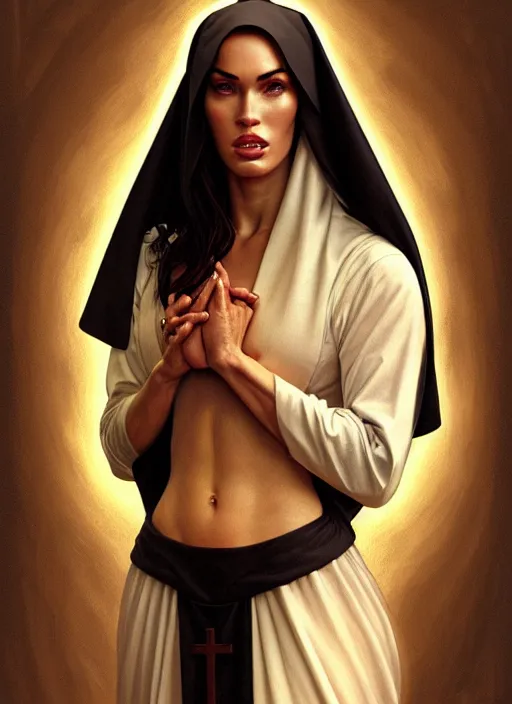 Image similar to portrait of megan fox as a sultry nun, bible, catholic, religion, cross, prayer, intricate, headshot, highly detailed, digital painting, artstation, concept art, sharp focus, cinematic lighting, illustration, art by artgerm and greg rutkowski, alphonse mucha, cgsociety