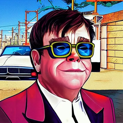 Prompt: “Elton John in GTA V, cover art by Stephen Bliss, Boxart, loadscreen”