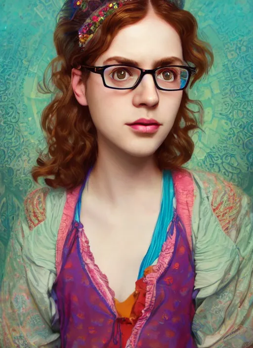 Prompt: wide angle full body portrait shot todd solondz jewish princess wearing flowing colourful clothes, glasses, introvert geek, shy, clear todd solondz female face, highly detailed face, detailed eyes, alphonse mucha, rhads, ross tran, artstation, artgerm, octane render, 1 6 k