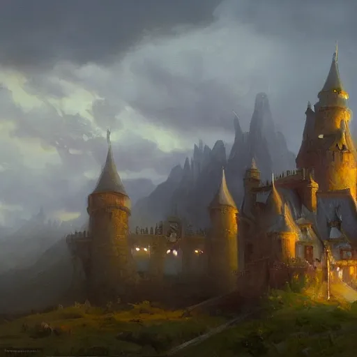 Prompt: greg manchess oil matte painting a beautiful painting of a singular castle, by greg rutkowski and thomas kinkade, trending on artstation