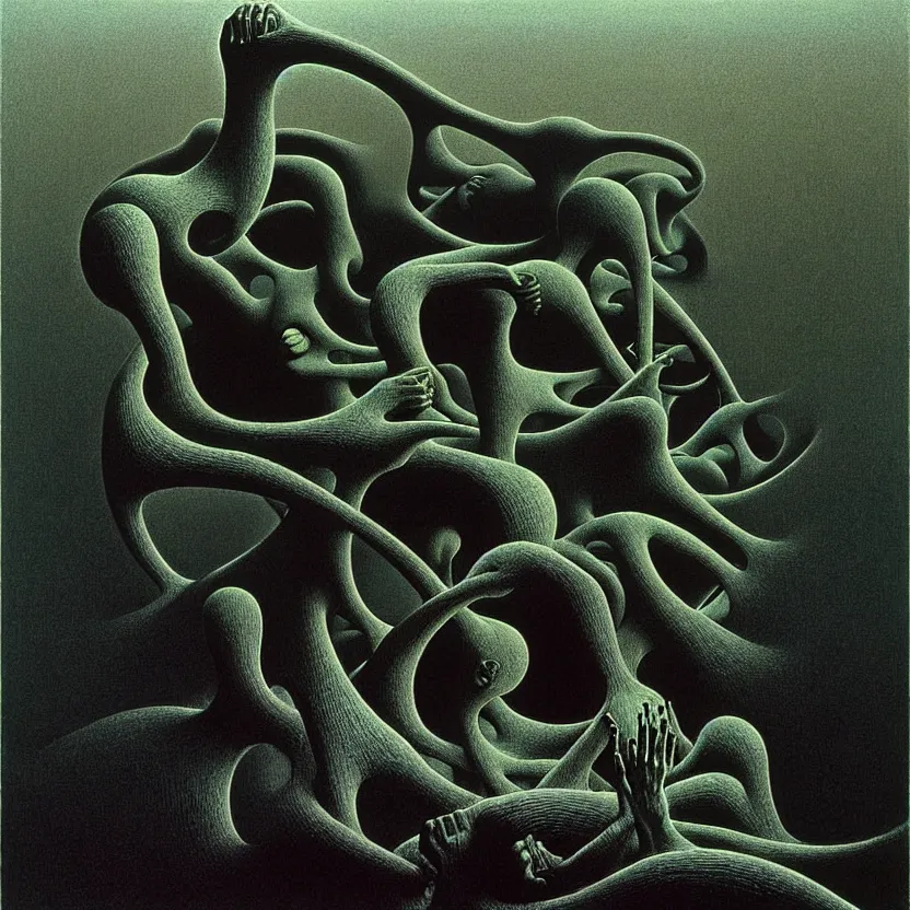 Prompt: a paradoxical entity, by mc escher and zdzisław beksinski, oil on canvas, horror, surreal, vibrant colors, mathematics, dramatic lighting