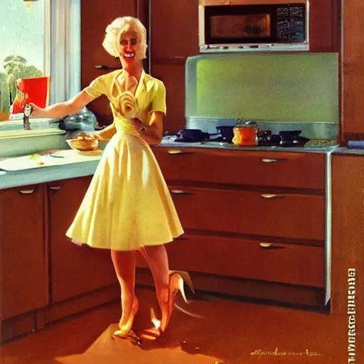 Prompt: blonde woman making breakfast, art by art frahm