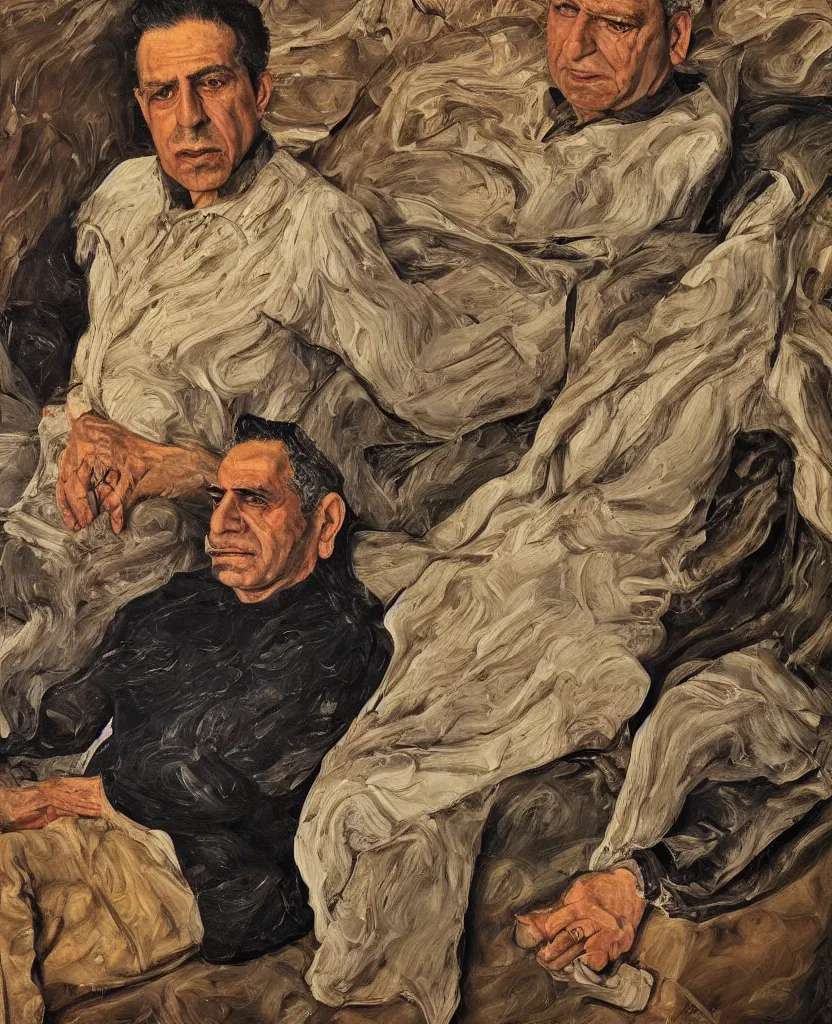 Image similar to high quality, high detail, realistic portrait of bahram beyzai, painted by lucian freud, dramatic lighting, cinematic composition