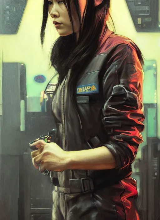 Image similar to Nikki Tanaka. Cyberpunk mechanic in jumpsuit (blade runner 2049, cyberpunk 2077). Orientalist portrait by john william waterhouse and James Gurney and Theodore Ralli and Nasreddine Dinet, oil on canvas. Cinematic, hyper realism, realistic proportions, dramatic lighting, high detail 4k