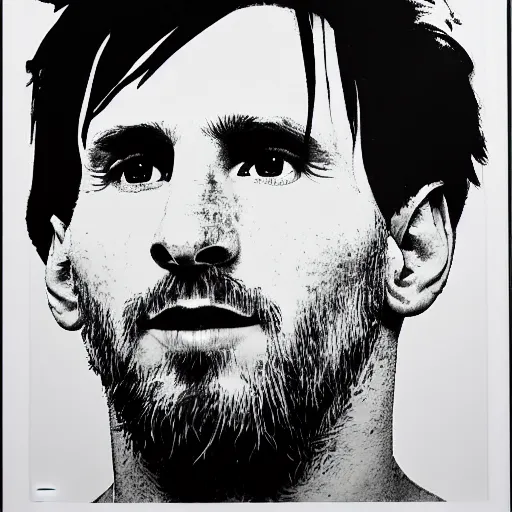 Image similar to a portrait of Lionel Messi, made by Andy Warhol, two tone, very high contrast, only black and white, simplistic, extremely high contrast, two tone, notan art, by Andy Warhol, minimalistic,