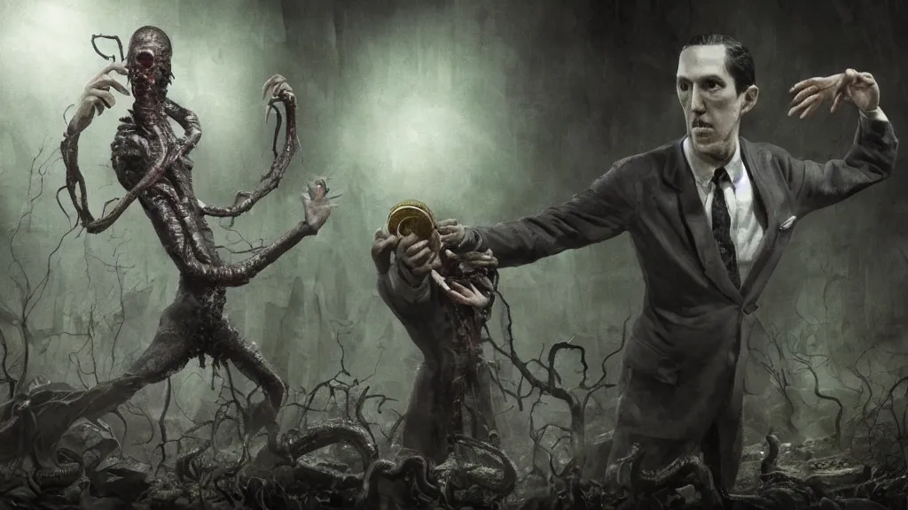 Prompt: dark horror Howard Phillips Lovecraft with a eldritch being in her hand. Surrealism, 8K, concept art, filmic, HDR, volumetric lighting, highly detailed