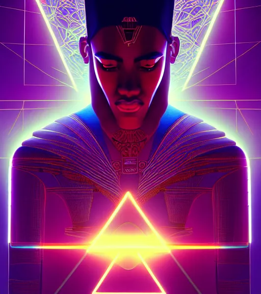 Image similar to symmetry!! egyptian god of technology, solid cube of light, hard edges, product render retro - futuristic poster scifi, lasers and neon circuits, brown skin handsome egyptian god, intricate, elegant, highly detailed, digital painting, artstation, concept art, smooth, sharp focus, illustration, dreamlike, art by artgerm