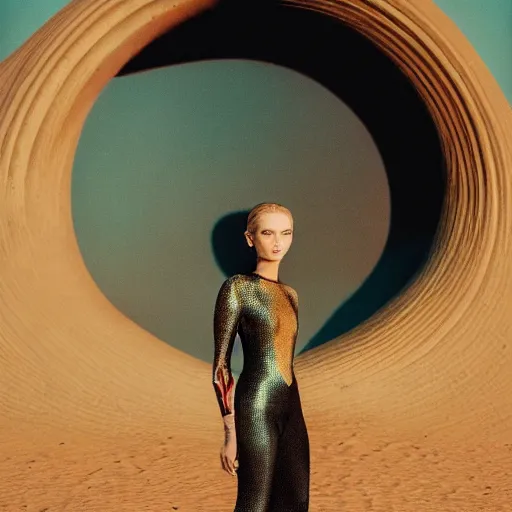 Prompt: Fashion photography of a woman wearing an outfit inspired by Dune (2021), artistic photography, cinematic lighting, insanely detailed, cinestill 800t, Vogue magazine