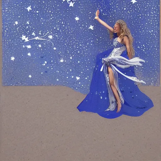 Image similar to loose, dynamic by matti suuronen. a conceptual art of a woman with wings made of stars, surrounded by a blue & white night sky. the woman is holding a staff in one hand, & a star in the other. she is wearing a billowing dress, & her hair is blowing in the wind.