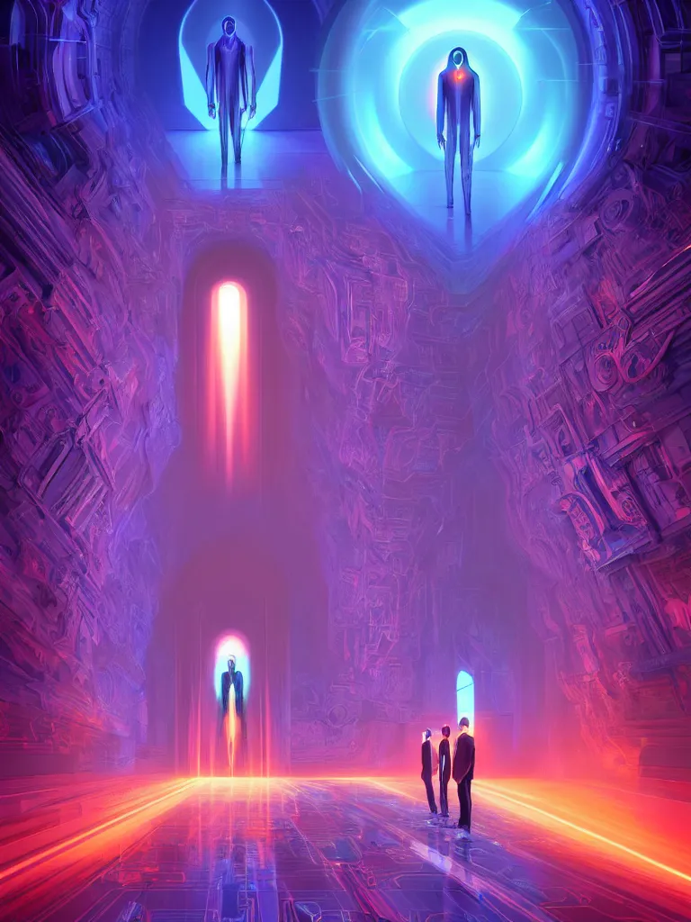 Image similar to symmetrical entrance to mainframe ethereal realm, ai sentient, octane render, symmetrical composition, dreamy colorful cyberpunk colors, 6 point perspective, fantasy landscape with anthropomorphic terrain in the styles of igor morski, jim warren and rob gonsalves, intricate, hyperrealistic, volumetric lighting, neon ambiance, distinct horizon