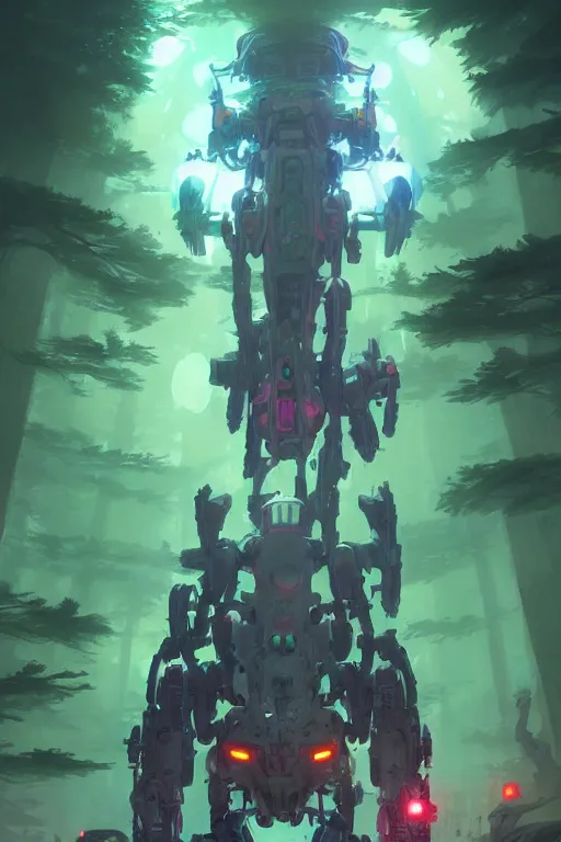 Image similar to Portrait of Yokai Mecha in neon forest, digital art from artstation by Andreas Rocha and Greg Rutkowski and Peter Mohrbacher