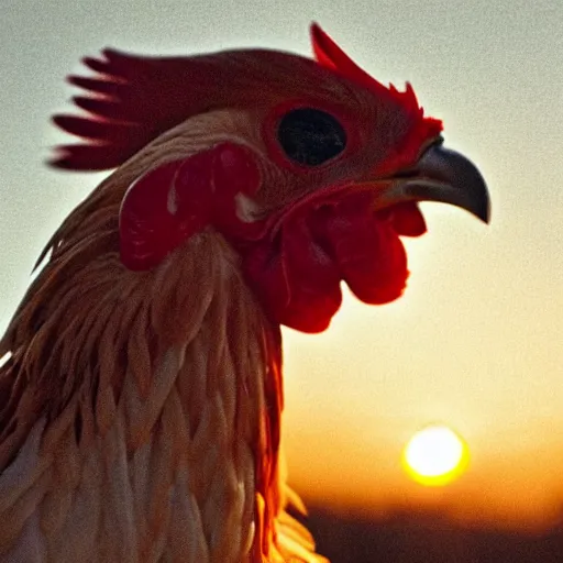 Prompt: a chicken eating a human, cinematic shot, sunset,