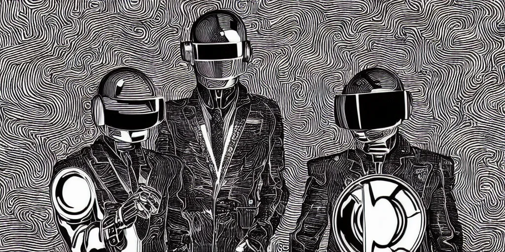 Image similar to intricate detailed artwork of 2 Daft Punk robot rock using a Macbook at an underground warehouse rave in Ibiza, playing techno house music, thousands of beautiful girls in bikini dancing, in the style of Moebius, wires, speakers, black and white ink, some ink drips, sharp details