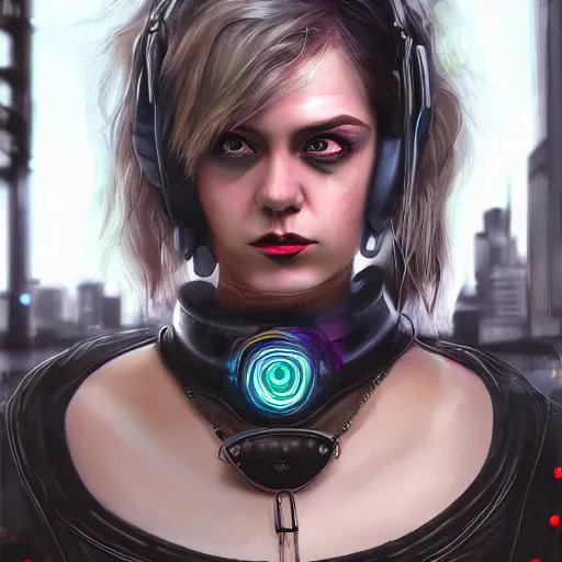 Image similar to detailed realistic female character cyberpunk wearing thick steel collar around neck, realistic, art, beautiful, 4K, collar, choker, collar around neck, punk, artstation, detailed, female, woman, choker, cyberpunk, neon, punk, collar, choker, collar around neck, thick collar, choker around neck, wearing choker, wearing collar,