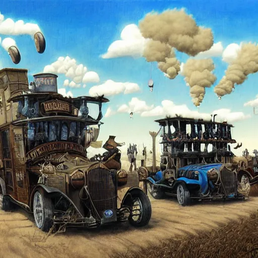 Prompt: a hyperrealistic painting of a steampunk car race, blue skies, fluffy clouds, by john kenn mortensen, highly detailed,