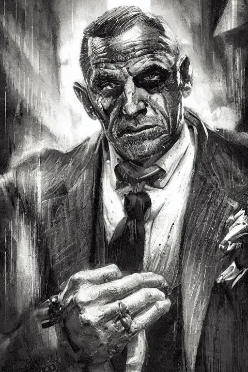 Image similar to an older man in a suit as a Mafia: Definitive Edition character, upper body, highly detailed, intricate, sharp details, dystopian mood, 1950 character portrait by gaston bussiere, craig mullins, drawn by Giacomo Burattini, inspired by graphic novel cover art