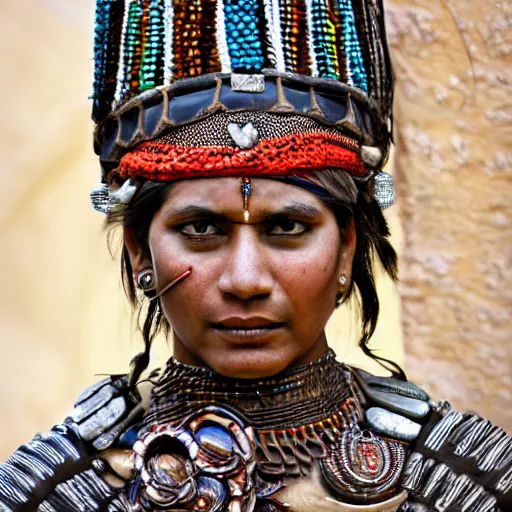 Image similar to an indian warrior woman, wearing intricate armor made of pottery pieces. photorealistic, intricate and detailed.