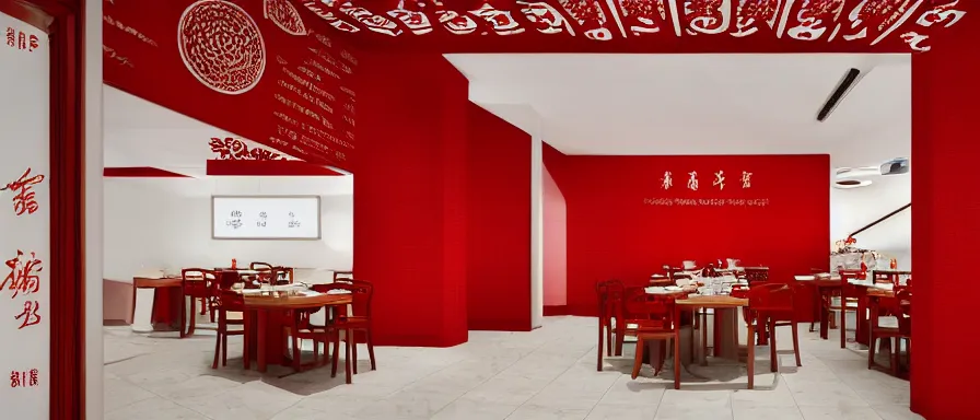 Image similar to a beautiful simple interior render of roasted string hotpot restaurant restaurant yan'an, wall corner, from china, red paper wall and white tile floor, with merchant logo, fine simple delicate structure, chinese style, simple composition, simple style structure decoration design, victo ngai, 4 k hd