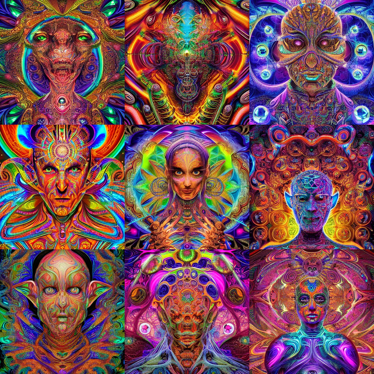 Prompt: a intricate ornate psychedelic colorful image of a machine elf, digital art by felix kelly, alex grey, dan mumford, artgerm, psychedelic art, psychedelic, fractalism, fractals, sacred geometry, artstation, detailed, art, hyper realism, hyper detailed, bioluminescence, cgsociety, ue 5, hd, 3 d