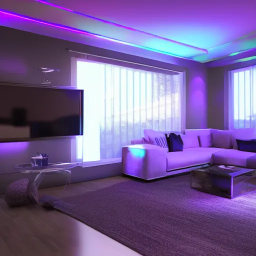 Image similar to futuristic looking living room, dark with blue neon lights, contrasted, octane render