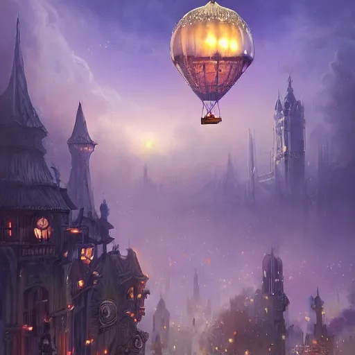 Prompt: a beautiful stunning fantasy whimsical matte digital illustration of a scene of a steampunk hot - air balloon over a lit steampunk city with a clock tower at night by marc simonetti, pastel color palette, disney magic the gathering steampunk!!!, chiaroscuro magical! bokeh moon stars dramatic romantic! epic breathtaking, trending on artstation hq, masterpiece