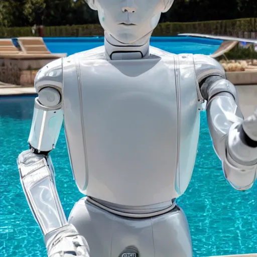 Image similar to shiny skin, humanoid robot, posing like a statue, showing off his muscles, f 1 driver charles leclerc, made of ice, on display, by the pool, a realistic detailed photo of a guy who is an attractive humanoid who is half robot and half humanoid, frozen ice statue, blank stare, who is a male android