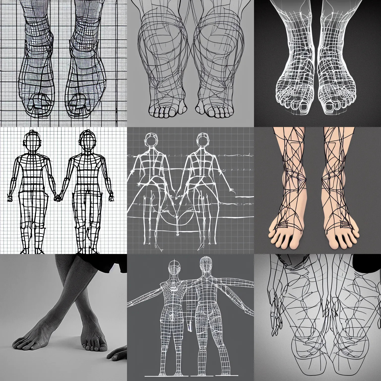 Prompt: two people attached foot to forehead wireframe