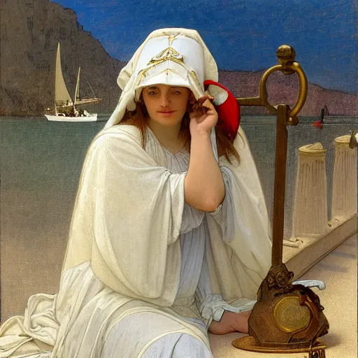 Prompt: An angel with jester hat and clothes on a greek circle archi on the front of a Balustrade with a beach and a sail boat on the background, major arcana cards, by paul delaroche, alphonse mucha and daniel garber daniel garber arnold böcklin hyperrealistic 8k, very detailed