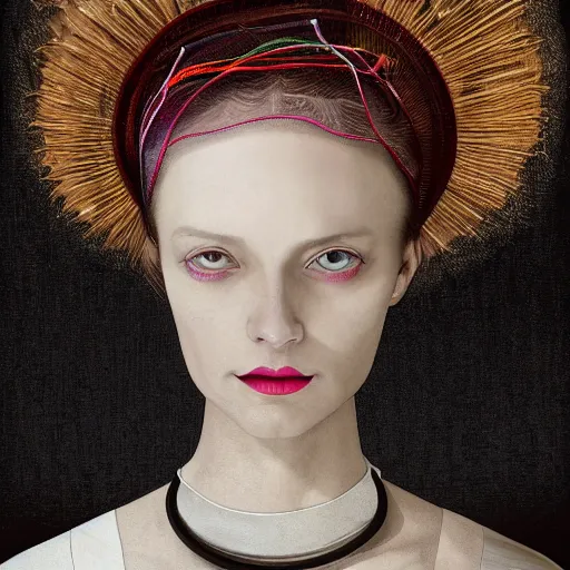 Prompt: a beautiful futuristic portrait with hat made by wires and white silk twisted around her face, necklace made by wires, design by leonardo davinci, inspired by egon schiele, modern art, baroque art jewelry, new classic, hyper realistic, cinematic composition, cinematic lighting, fashion design, concept art, hdri, 4 k -