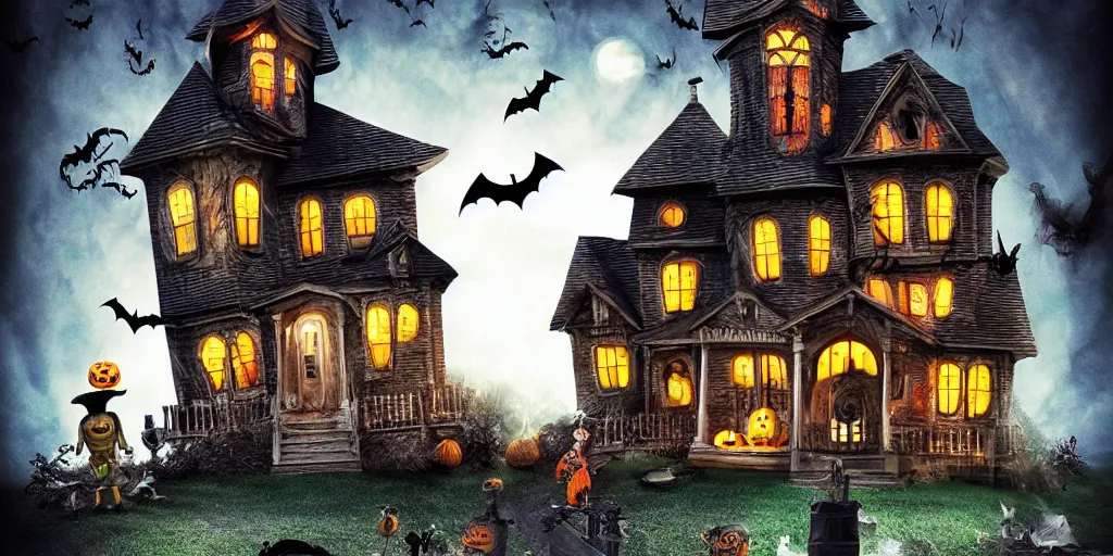 Prompt: halloween, trick or treat, monster house, poster, 3 d, studio lighting, digital art
