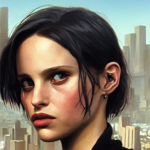 Prompt: closeup portrait of matilda from the movie leon the professional, natalie portman, city background, dramatic light, gorgeous view, depth, high detail, digital art, painted by greg rutkowski and seb mckinnon, by tim burton, trending on artstation