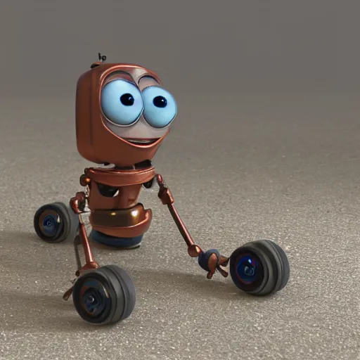 Image similar to figure of rusty bot on 3 wheels, smiling, lightbulbs as eyes, 3 d realistic, pixar esthetics, light tracing, 8 k