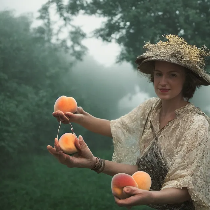 Prompt: a closeup portrait of a woman wearing a helmet made of beads, picking peaches from a tree, foggy, moody, photograph, by vincent desiderio, canon eos c 3 0 0, ƒ 1. 8, 3 5 mm, 8 k, medium - format print