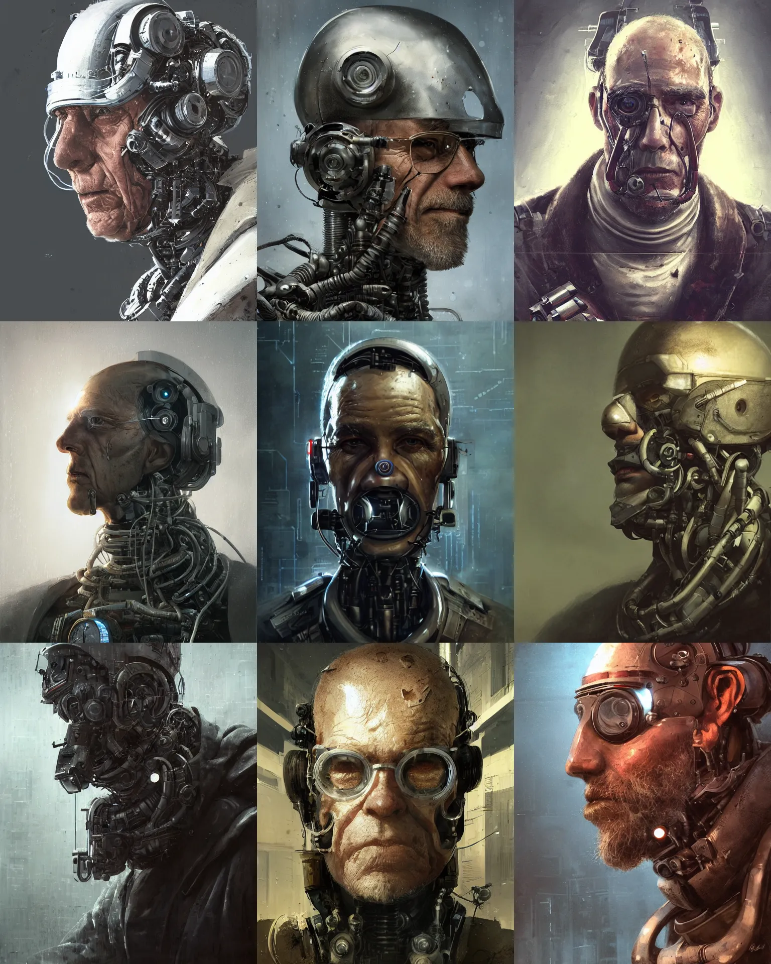 Image similar to a half - masked rugged old laboratory engineer man with cybernetic enhancements as seen from a distance, scifi character portrait by greg rutkowski, esuthio, craig mullins, 1 / 4 headshot, cinematic lighting, dystopian scifi gear, gloomy, profile picture, mechanical, half robot, implants, steampunk