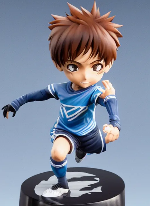 Image similar to chibi captain tsubasa anime figurine, soccer, art by gerald brom, greg rutkowski and artgerm and james jean and zdzisław beksinski, unreal engine, studio lighting