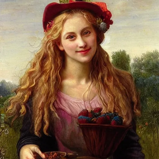 Image similar to A beautiful Blonde Woman with Locks selling strawberries in the style of Sophie Anderson, Portrait