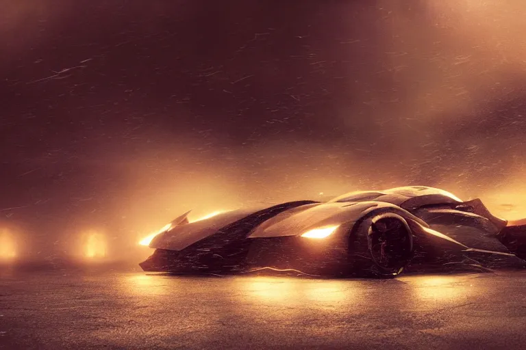 Image similar to the batmobile caught in the flow of time. octane render. 8 k. dark. atmospheric. cinematic. spectacular. sense of awe. debris. mist. strong winds. super slowmotion. matte painting painted by sparth and craig mullins