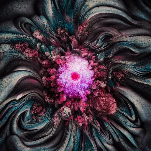 Prompt: a flower blooming, dramatic, dark atmosphere, liquified, glitch art, decayed, 3 d object, digital art, abstract illusionism, trending on behance, by alberto seveso, by david mcleod, octane render, unreal engine
