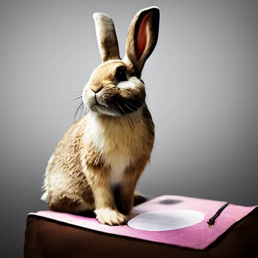 Prompt: a bunny sitting on a cup, photograph, realistic