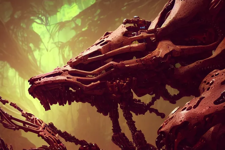 Image similar to portrait of a posed hyper detailed complex, plowhorn evangelion realistic mechanical and fleshy organic creature similar look as horizon forbidden west horizon zero dawn bioluminiscence in a dark deep forest at dawn in spring, with reflection and textures, by kilian eng, substance painter reaslitic mech surface metal painted scratches