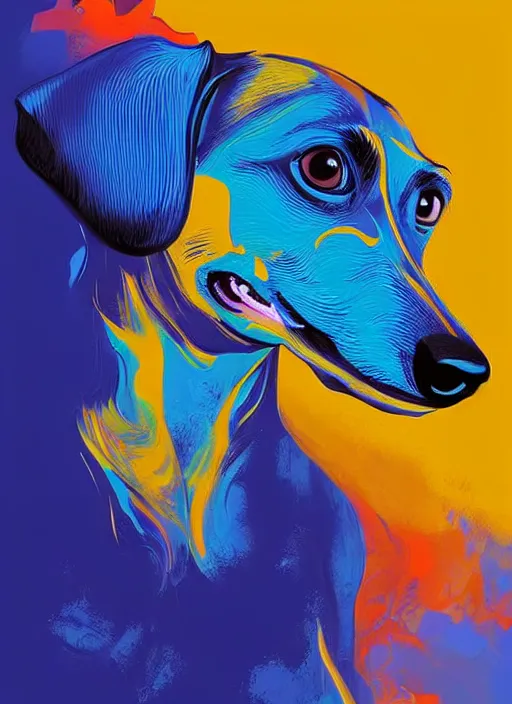 Prompt: a painting of a dachshund face with blue and yellow smoke coming out of, a digital painting by petros afshar, behance contest winner, digital art, behance hd, digital illustration, digital painting