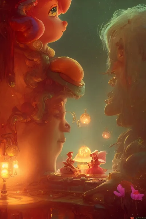 Prompt: Princess Peach & Toad, illustrated by Greg Rutkowski and Gaston Bussiere, 35mm lens, beautiful macro close-up imagery, vibrantly lush neon lighting, beautiful volumetric-lighting-style atmosphere, a futuristic atmosphere, intricate, detailed, photorealistic imagery, trending on artstation, 4k, 8k