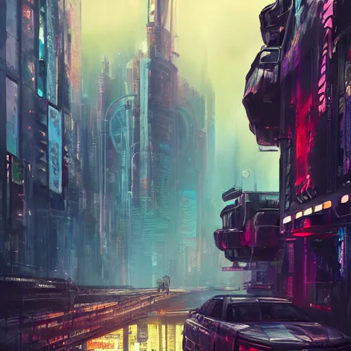 Prompt: elephant in futuristic cyberpunk city, flying cars on background, acrilic paint, digital, artstation, detailed intricate ink illustration, heavenly atmosphere, digital art, overdetailed art, concept art, complementing colors, trending on artstation, cgstudio, the most beautiful image ever created, dramatic, subtle, details, award winning artwork, beautiful scenery