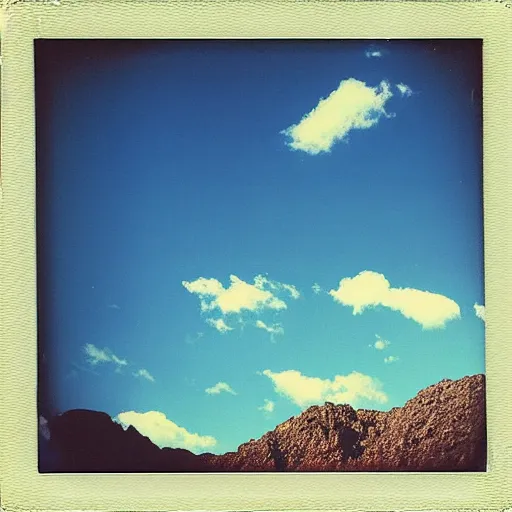 Prompt: instant photograph of the sky, polaroid, raw, beautiful, nostalgic, light leak, blue sky, clouds, desert forest