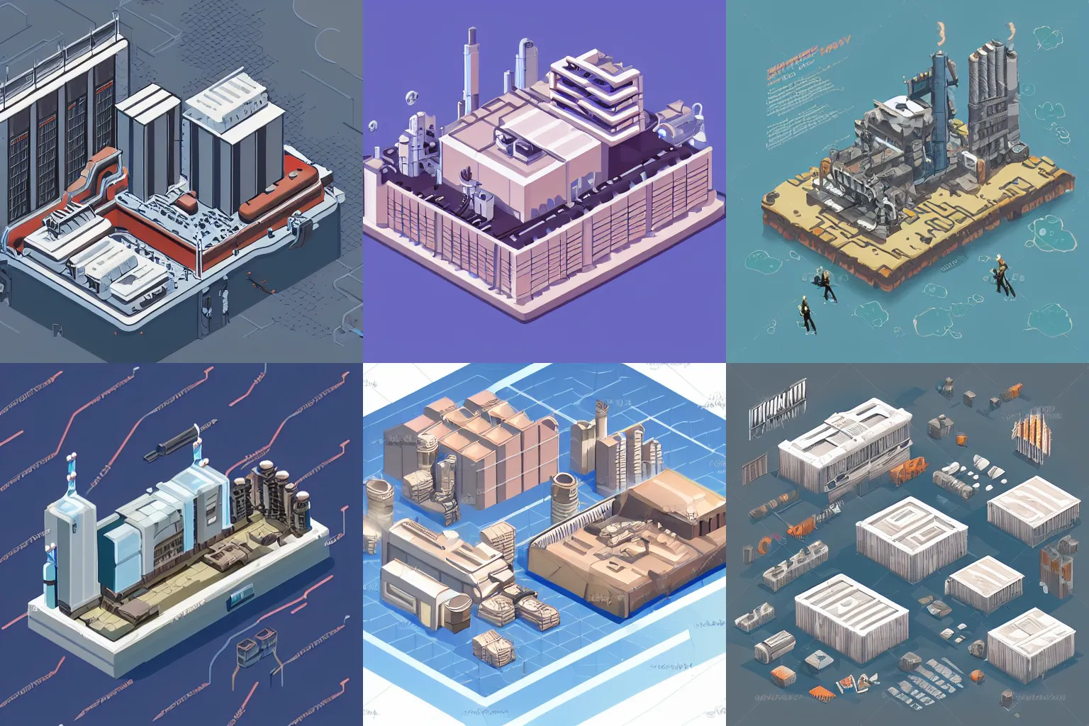 Prompt: isometric concept art of cyberpunk factory, browns and whites, above the clouds